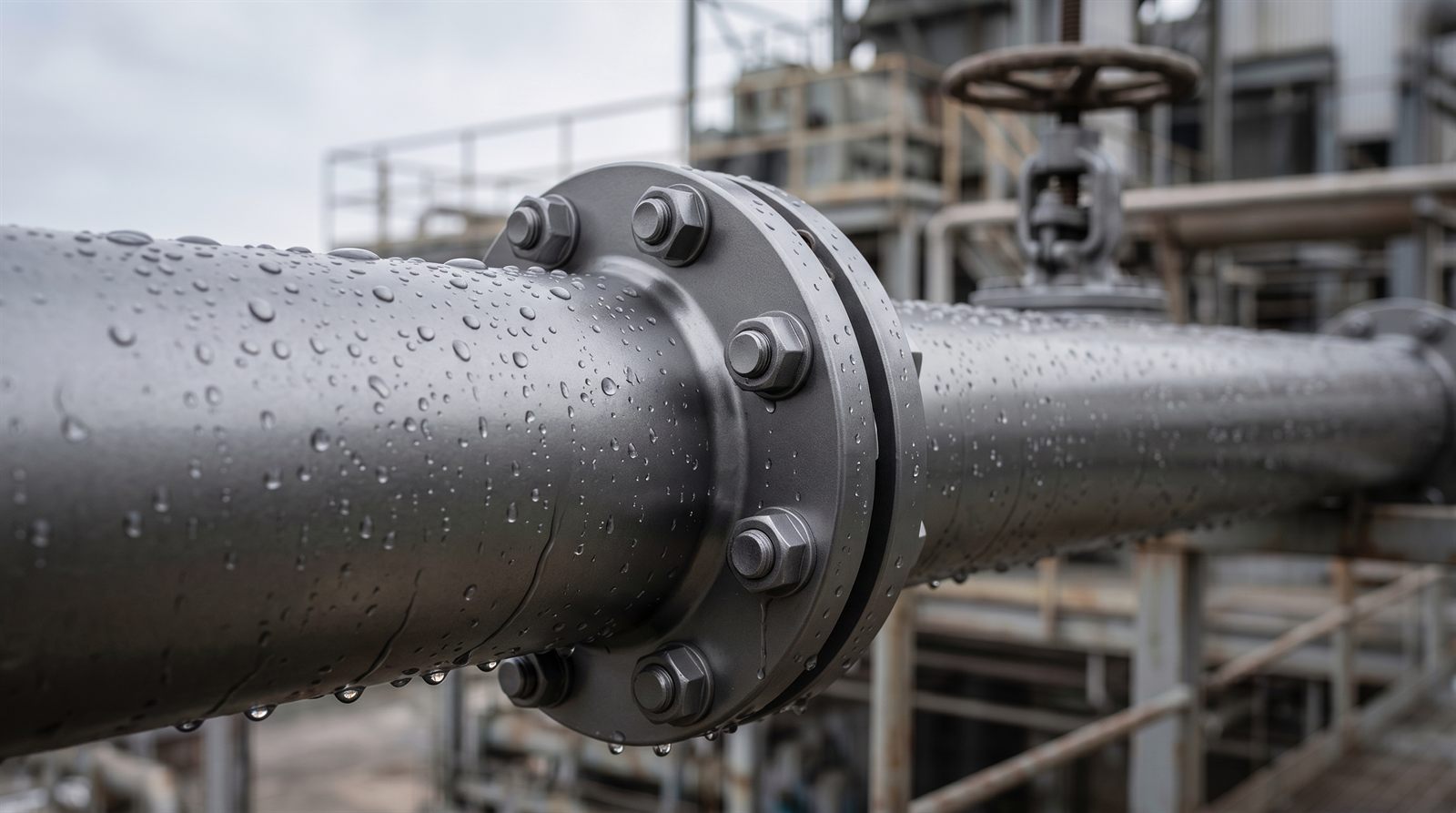 Industrial steel pipe protected by NanoQuinn — a clean, sealed coated surface with water beading off