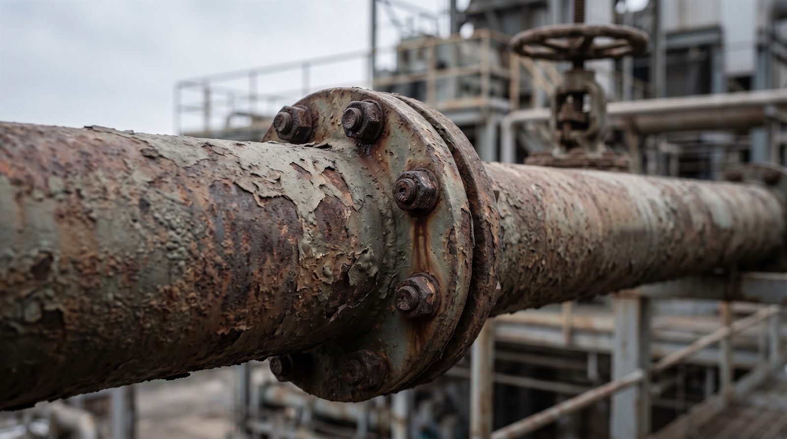 The same industrial steel pipe left untreated — heavily corroded, rusted and flaking